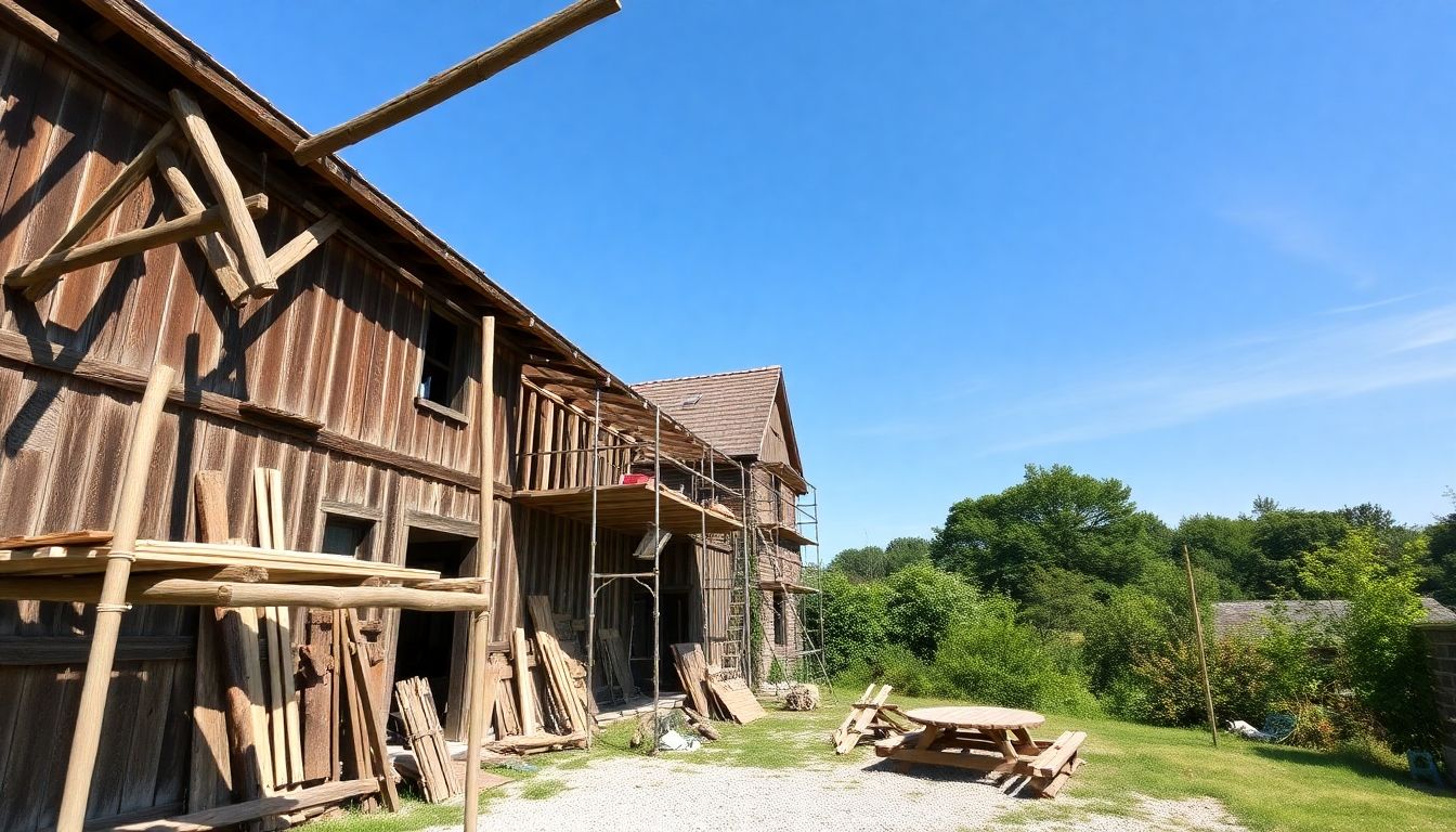 Renovating a rustic farmhouse with scaffolding and tools.
