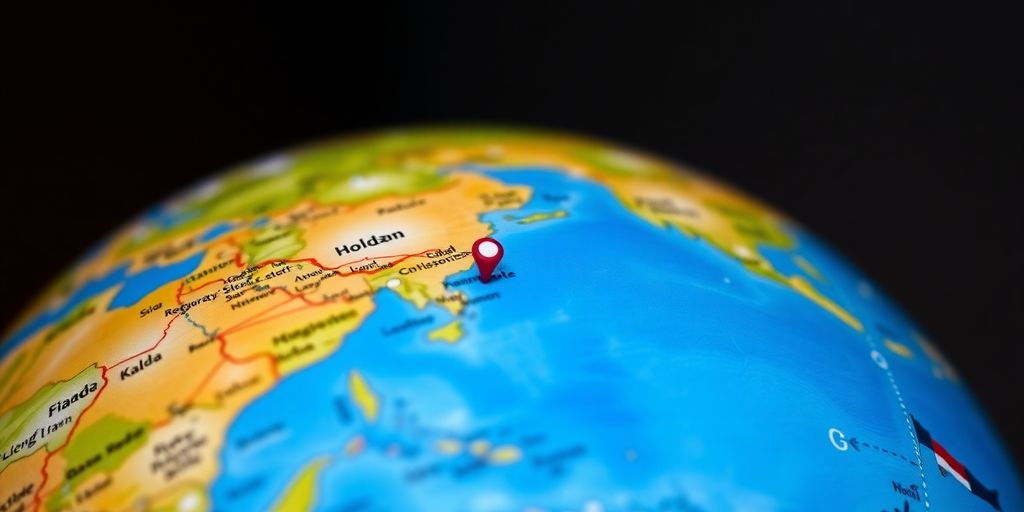 Photograph of a globe with digital map overlay.