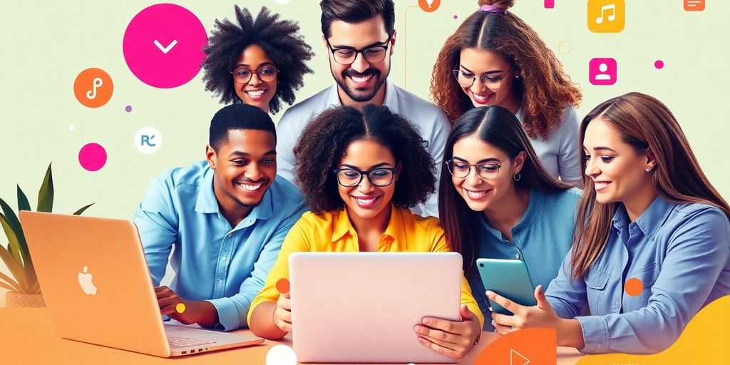 Diverse people collaborating on digital entrepreneurship and monetization.