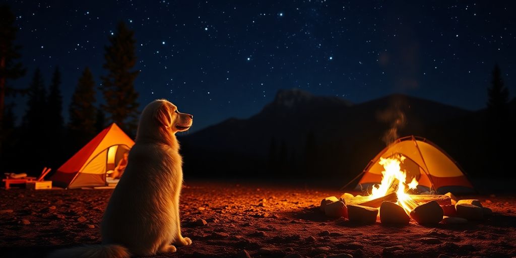 Dog enjoying a campfire during a camping trip.