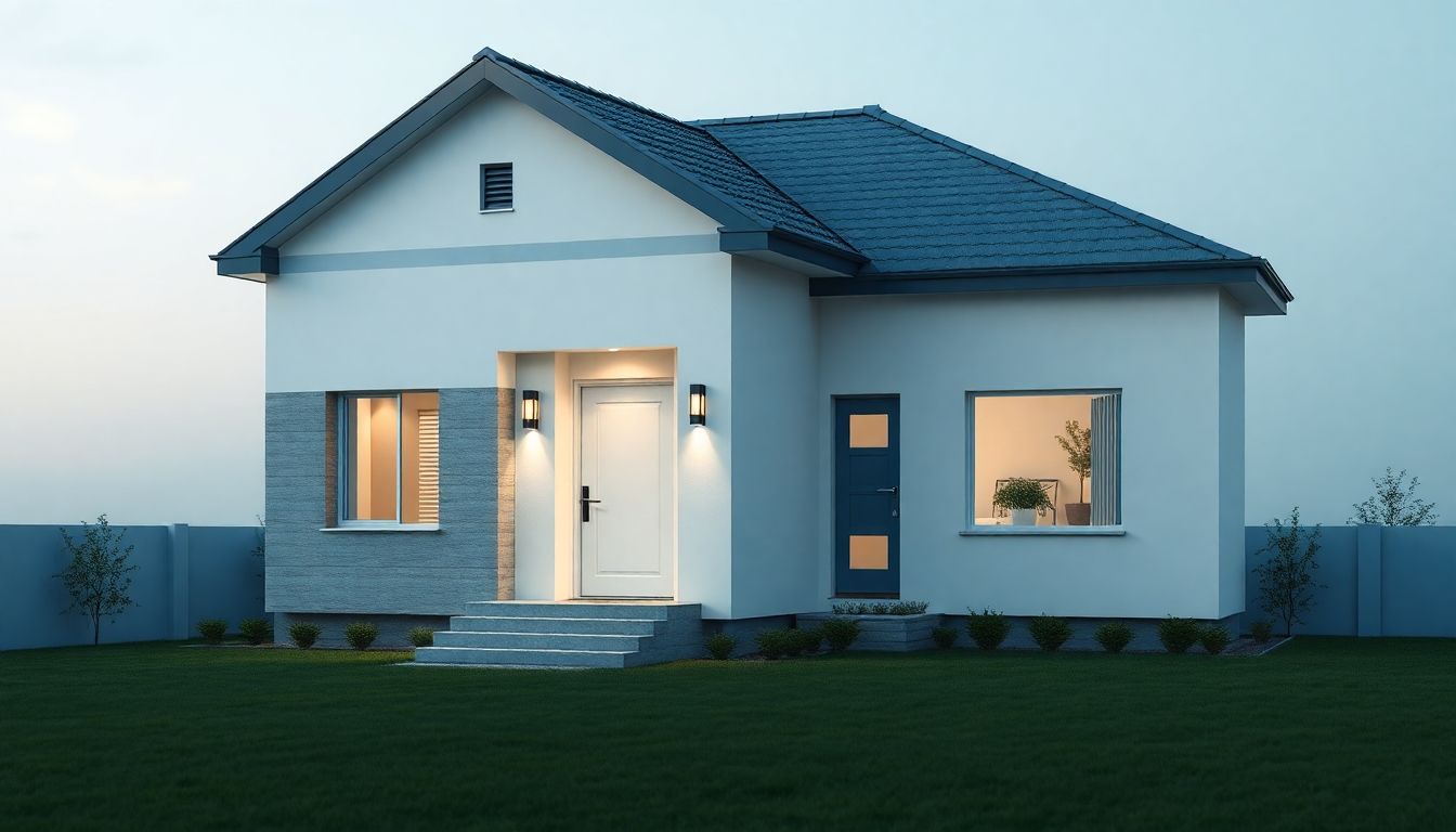 Casa protegida con escudo metálico brillante en fondo luminoso suave