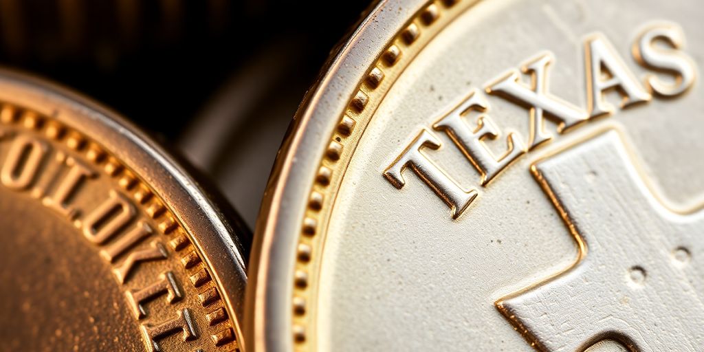 Close-up Texas coin edge detail examination.