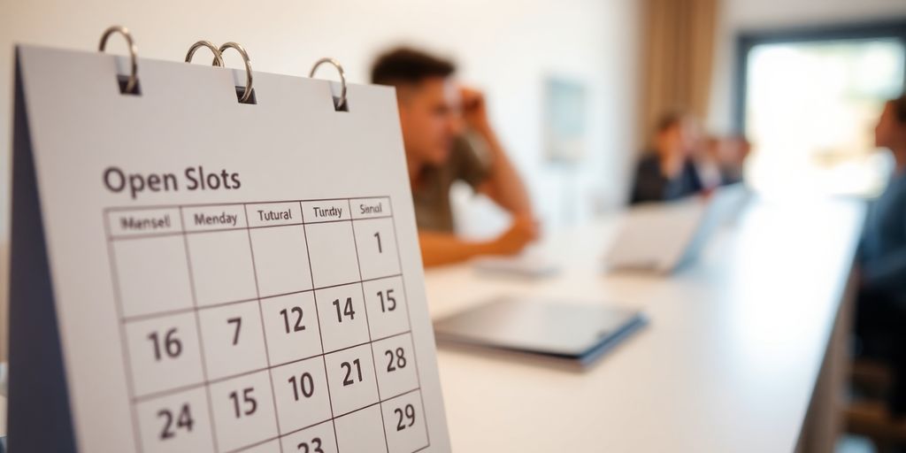 Calendar with blurred figures in background.