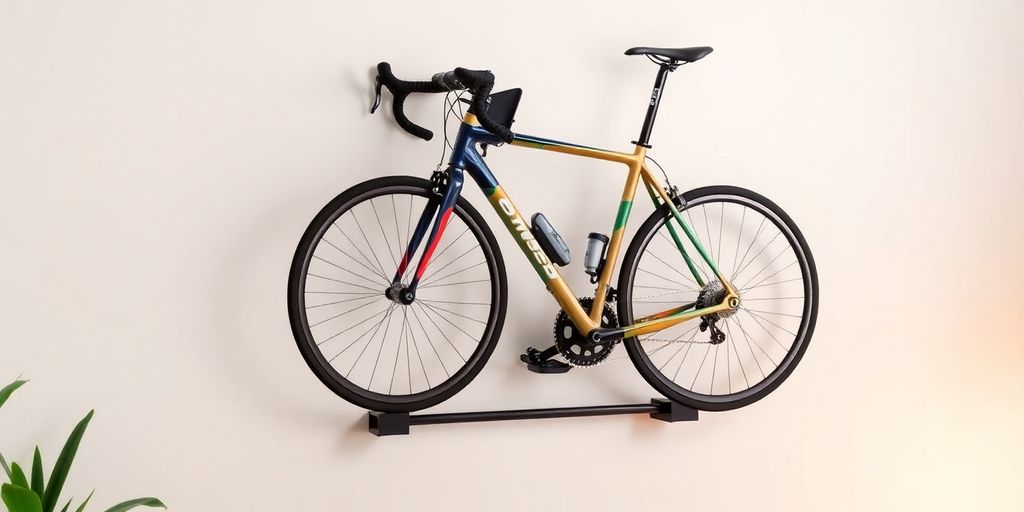 Indoor wall bicycle rack holding a bike in style.