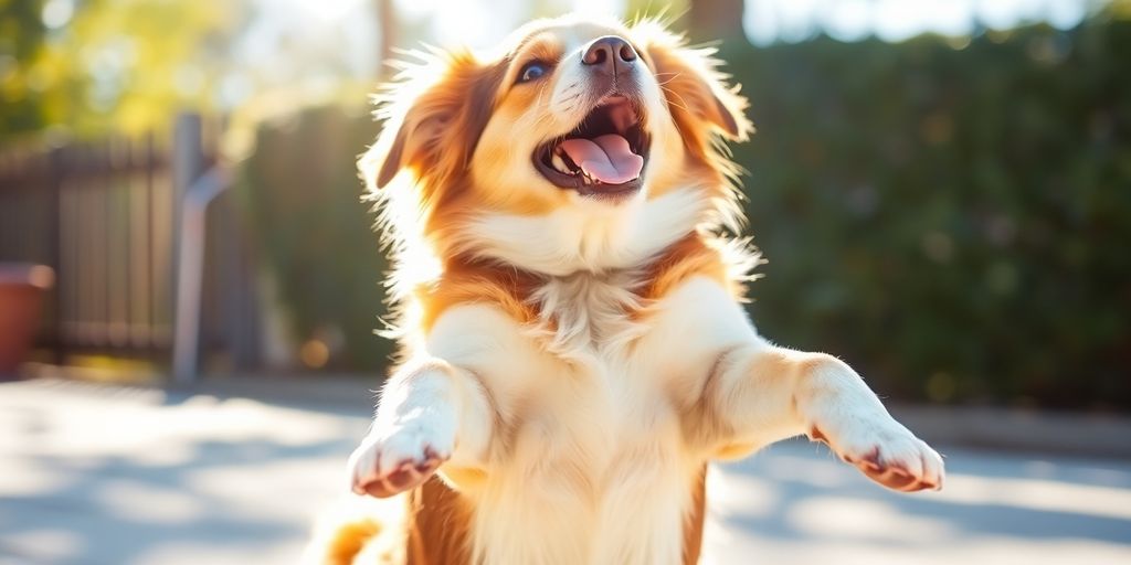 A dog bowing playfully in a sunny outdoor setting.
