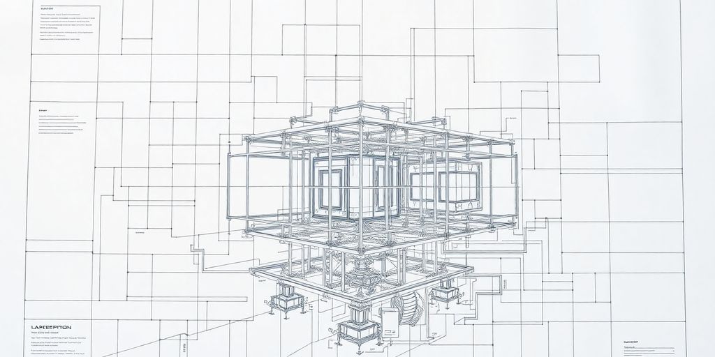 Architectural blueprint with interconnected structural elements.