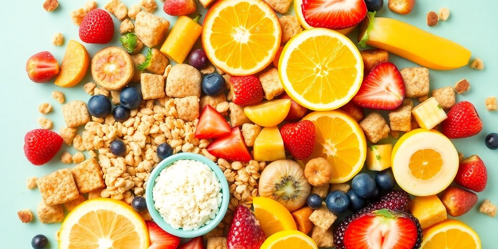 Colorful assortment of energy-boosting snacks on a bright background.
