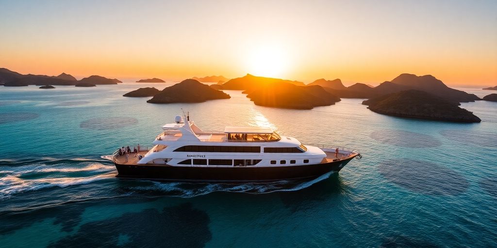 Luxury boat in Komodo's turquoise waters at sunset.