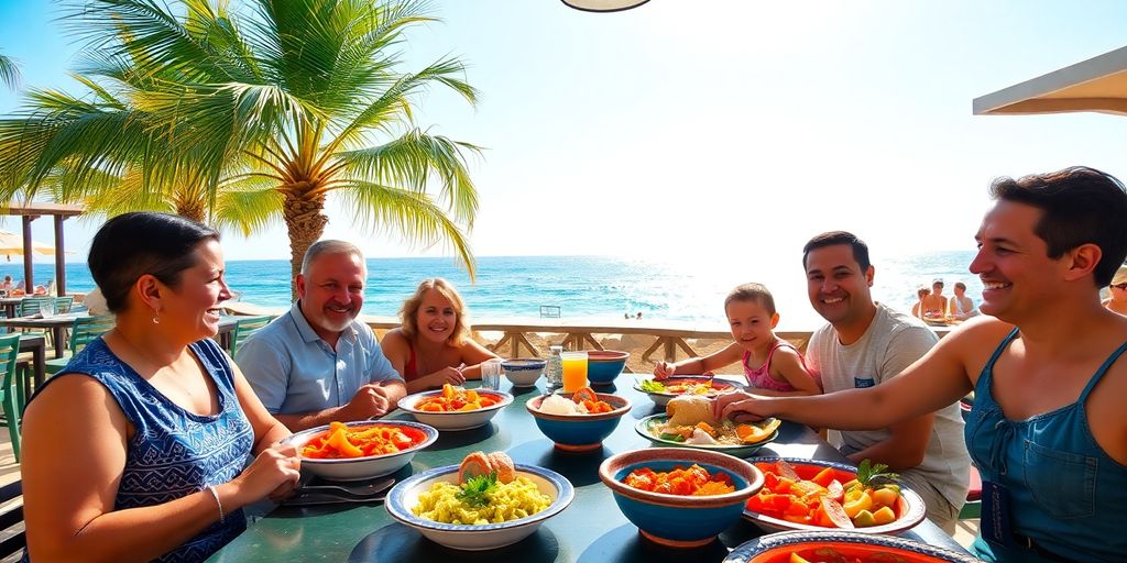 Family enjoying a vibrant meal at a Cabo restaurant.