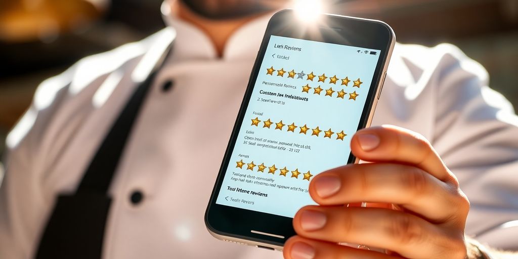 Restaurant owner smiles at glowing online reviews.