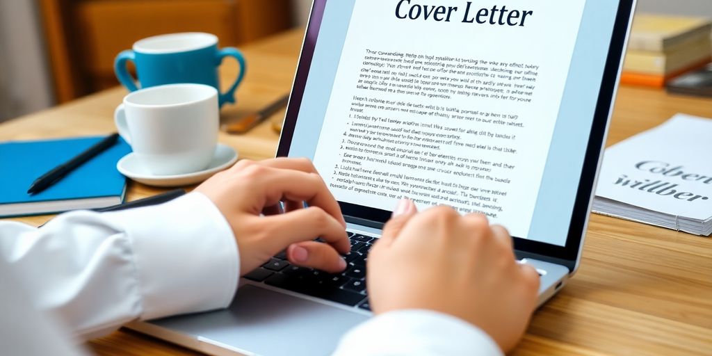 Person typing a cover letter on a laptop at a desk.
