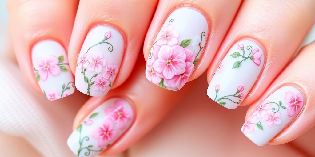 Unhas decoradas com estampas florais e cores suaves.