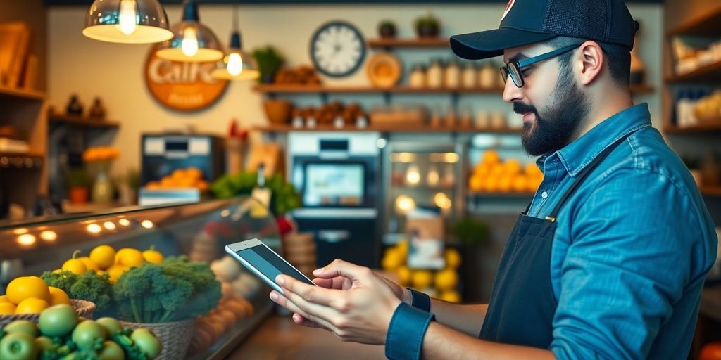 Small business owner using tablet for online orders.