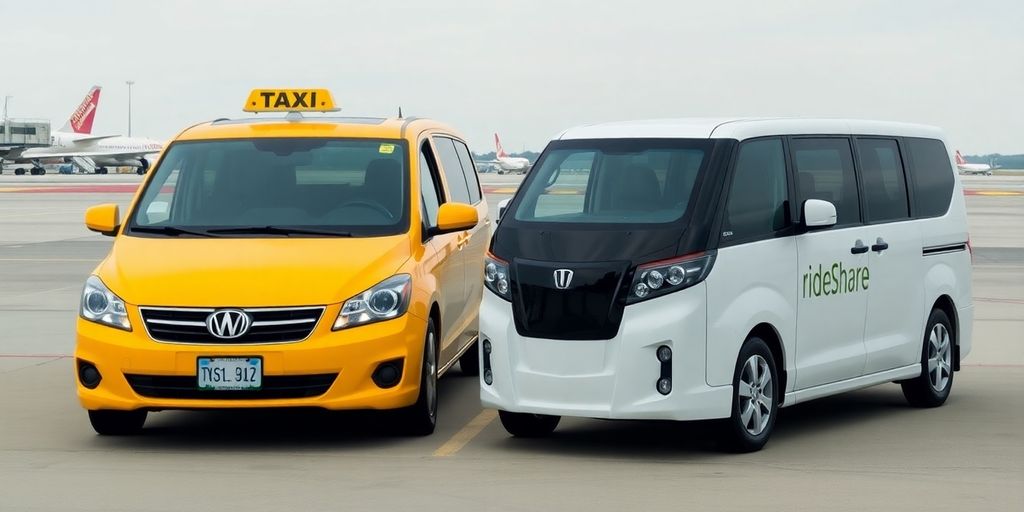 Yellow taxi and rideshare car side-by-side.