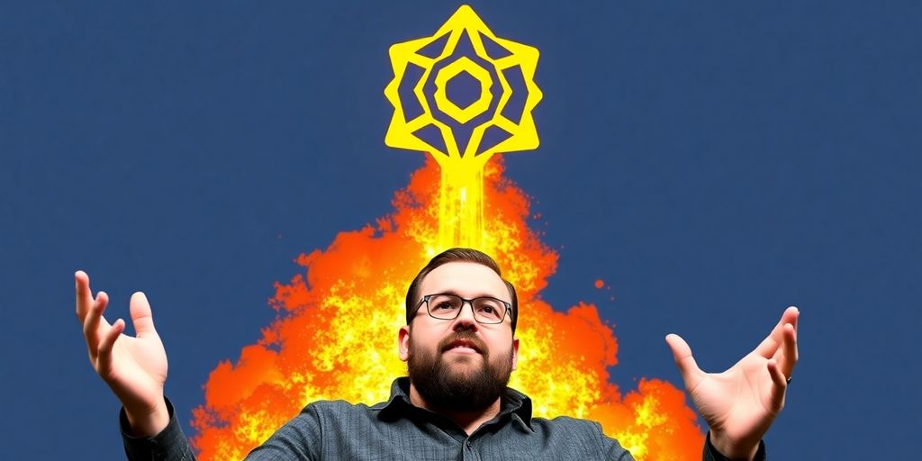 Charles Hoskinson points towards a soaring Cardano logo.