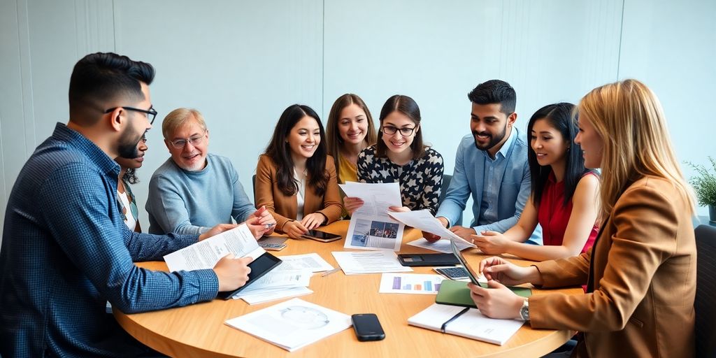 Diverse professionals collaborating in a modern office setting.
