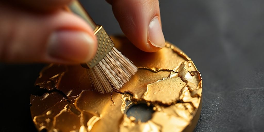 Main en nettoyant une pièce d'or abîmée.