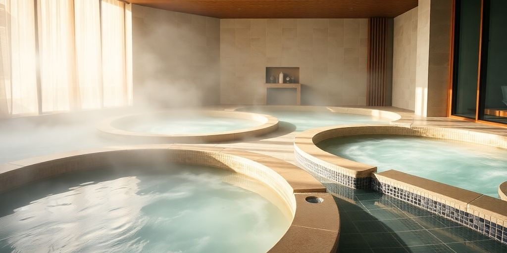 Steaming pools and serene relaxation areas inside a Korean spa.