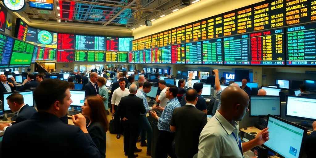 Foto de um andar movimentado da bolsa de valores.