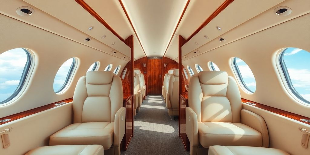 Luxury private jet interior with plush seating.