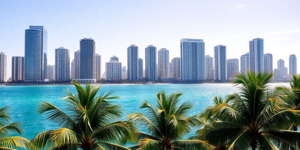 Miami skyline with rising water levels.