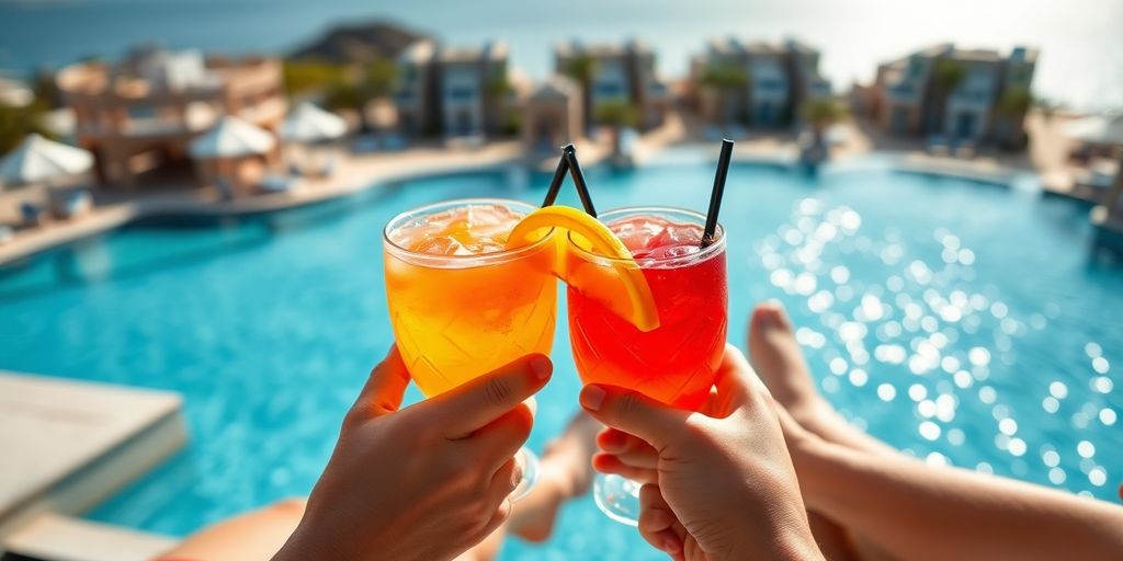 Couple relaxing, drinks, infinity pool, Cabo resort.