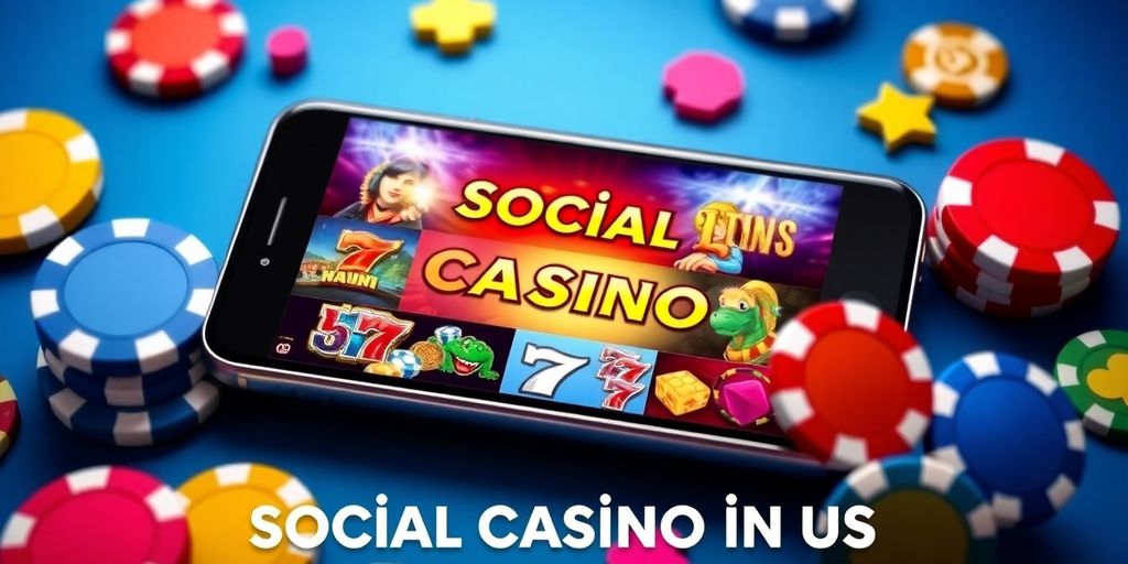 Smartphone with social casino games and colorful chips.