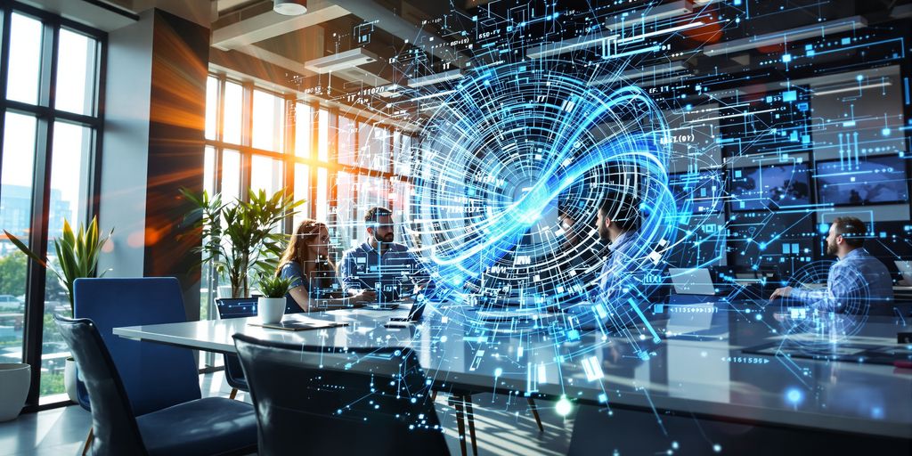 IT professionals collaborating with digital patterns.