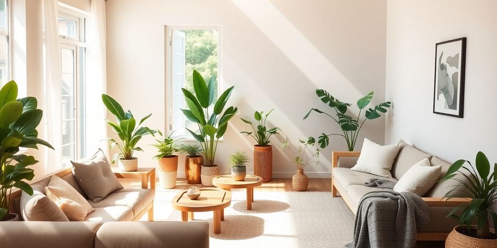 Eco-friendly living room with natural materials.