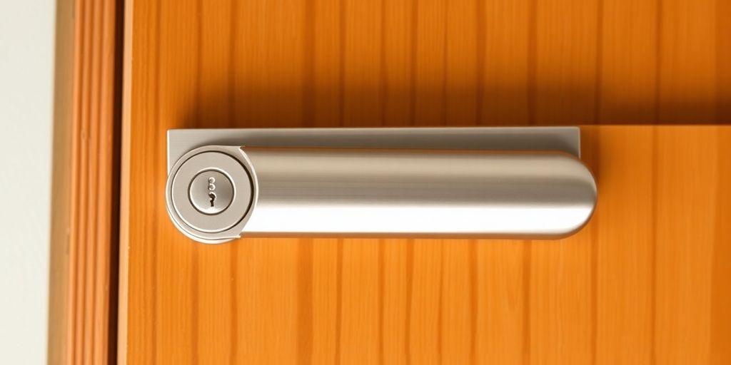 Keyed sliding door lock on a wooden closet door.