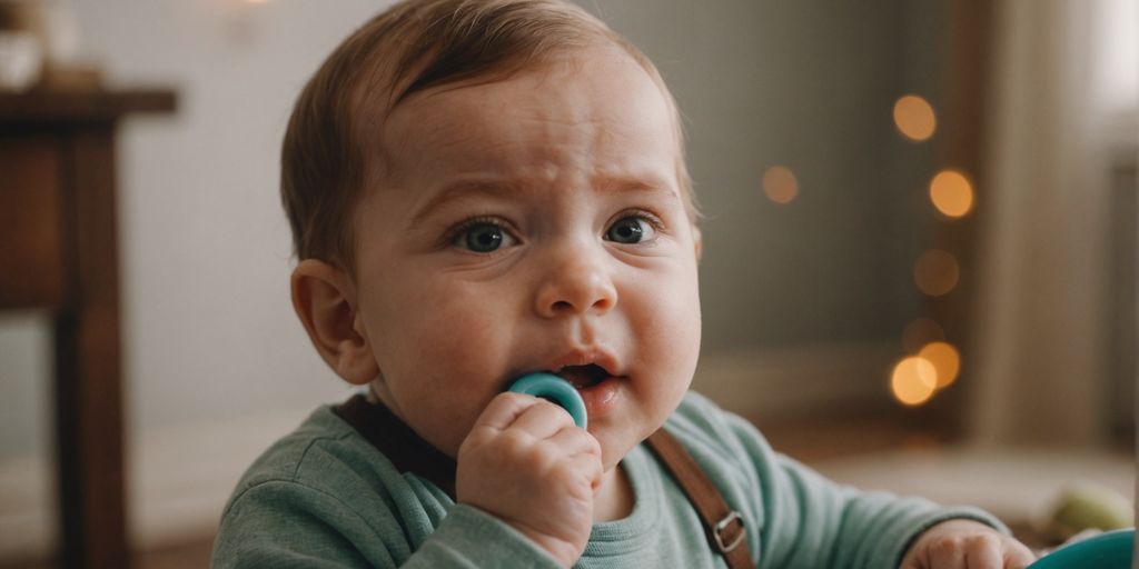 Baby with teething ring in a cozy room setting.