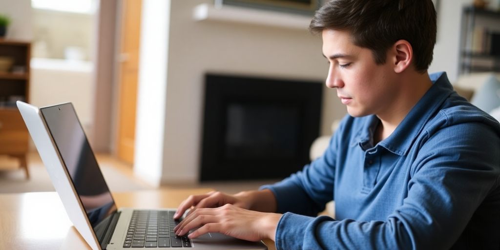 Person using a laptop with a router nearby.