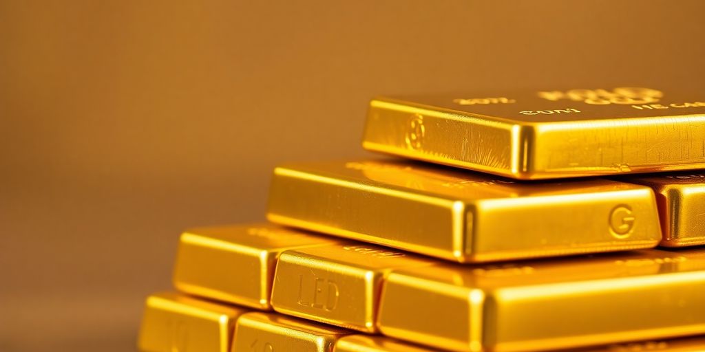 Des barres d'or brillantes empilées sur une surface.