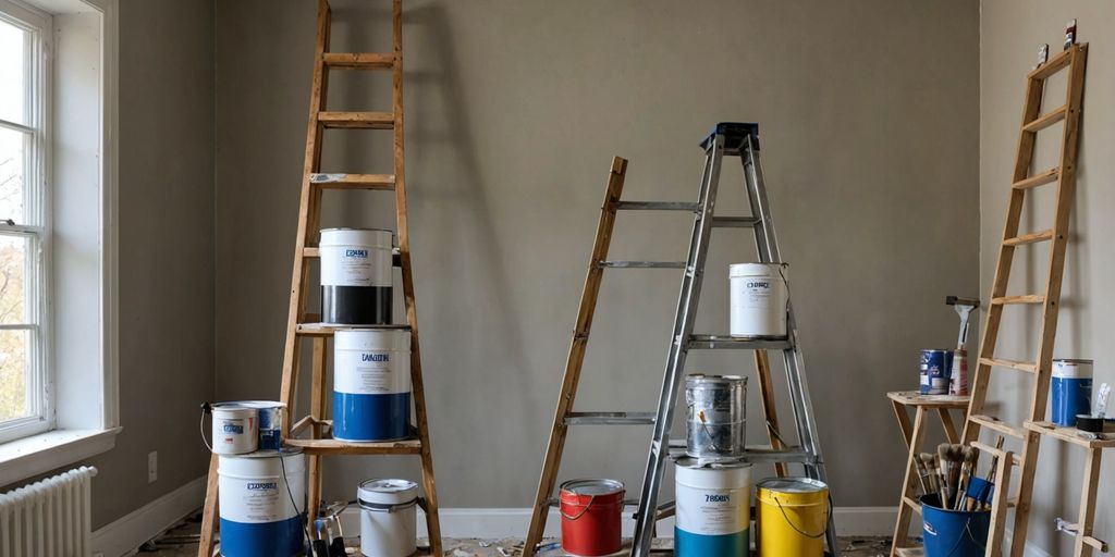 Room with paint cans, brushes, and a ladder.
