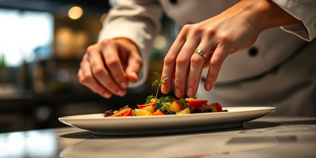 Chef in white uniform, holding a plate of food.