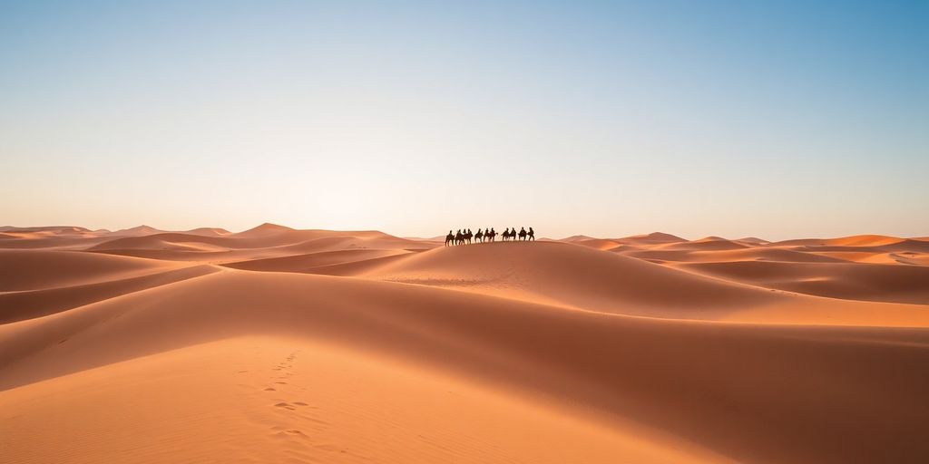 Camel riders in Sahara Desert golden dunes under blue sky.