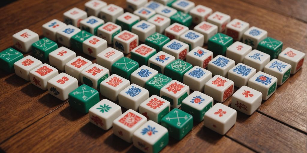 Mahjong tiles with symbols on a wooden table surface.