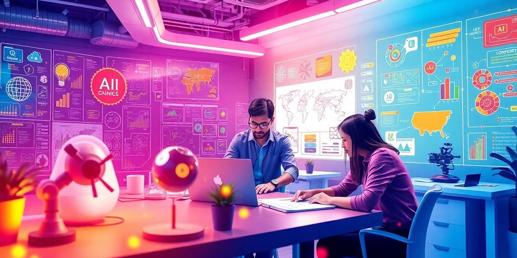 Creative professionals collaborating with AI tools in a workspace.