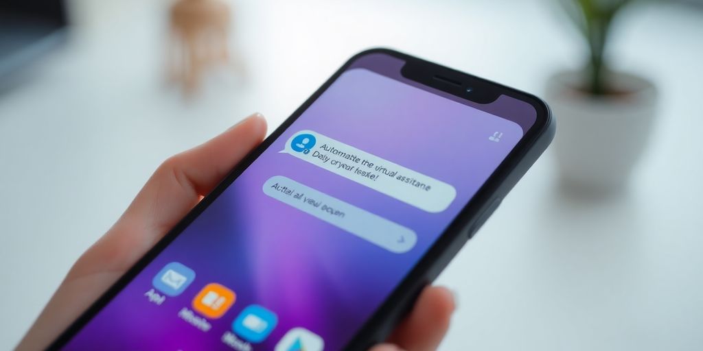 Imagem de um smartphone com assistente virtual na tela.
