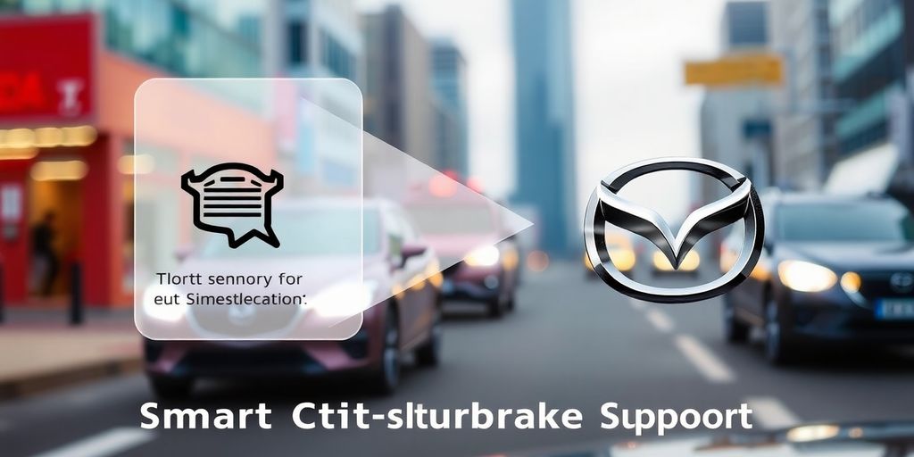 Front sensors of a Mazda car in urban setting.