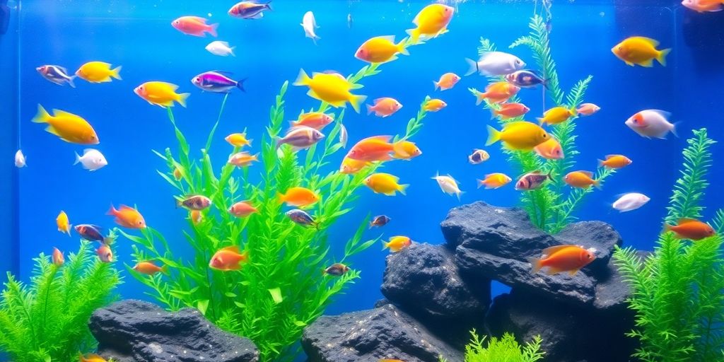 Makukulay na isdang tropikal na lumalangoy sa isang masaganang aquarium.