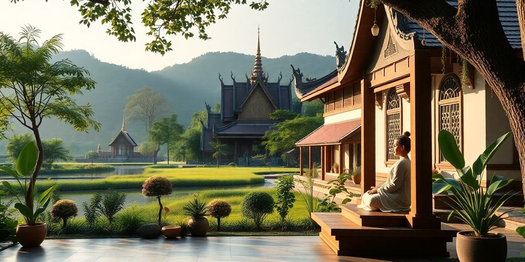 Tranquil Thai landscape depicting nature and meditation space.