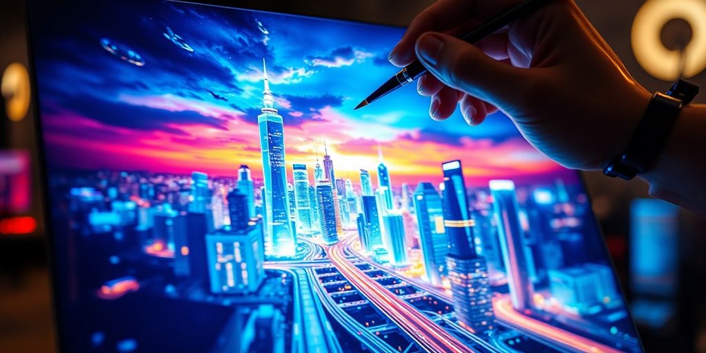 Robot hand painting a vibrant futuristic cityscape.