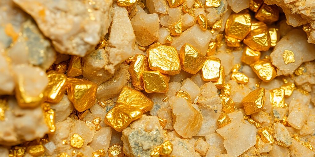 Or natif dans une roche quartzée, avec des éclats de paillettes dorées.