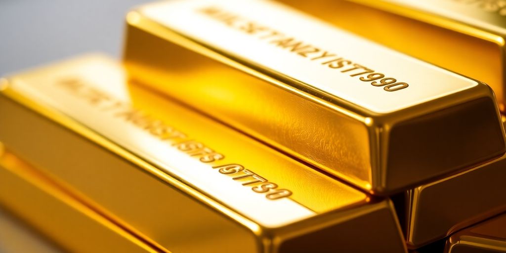 Lingots d'or empilés sur une surface brillante.
