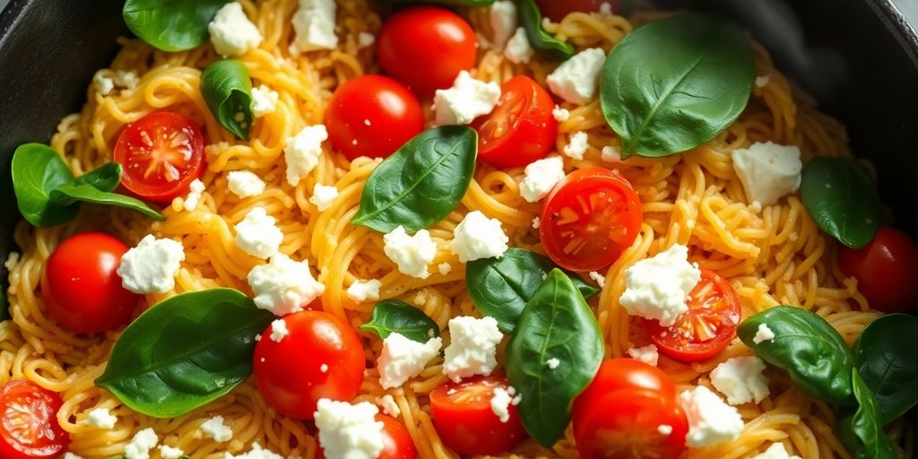Italian orzo skillet with colorful vegetables.