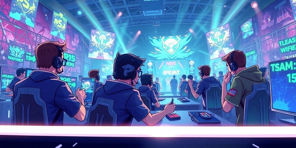 Esports players in action with vibrant game visuals.