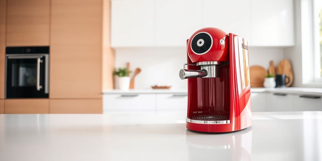 Sleek red Alessi Pulcina coffee maker, modern kitchen.