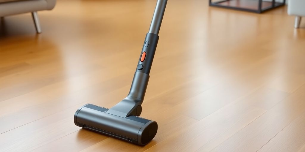 Moderne Akku-Staubsauger auf einem Holzfußboden.