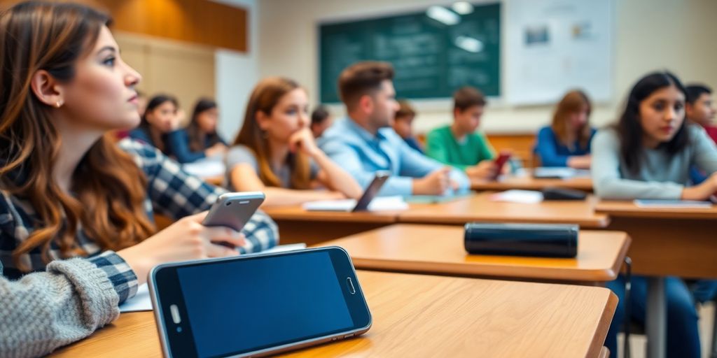 Students engaged in class without mobile phones visible.